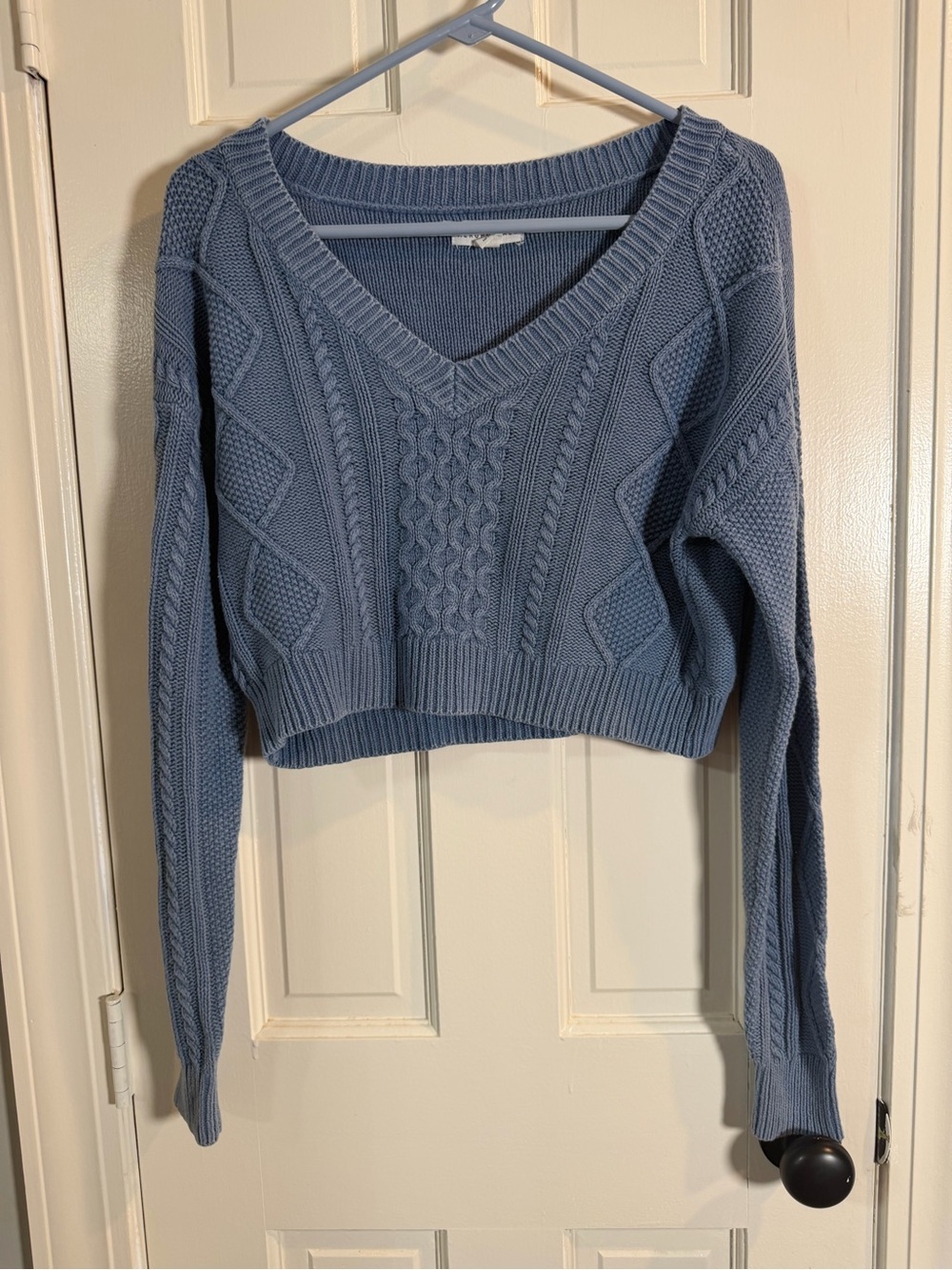 Aéropostale Blue Cable Knit Cropped Pullover Sweater Women’s XS V-Neck Solid
